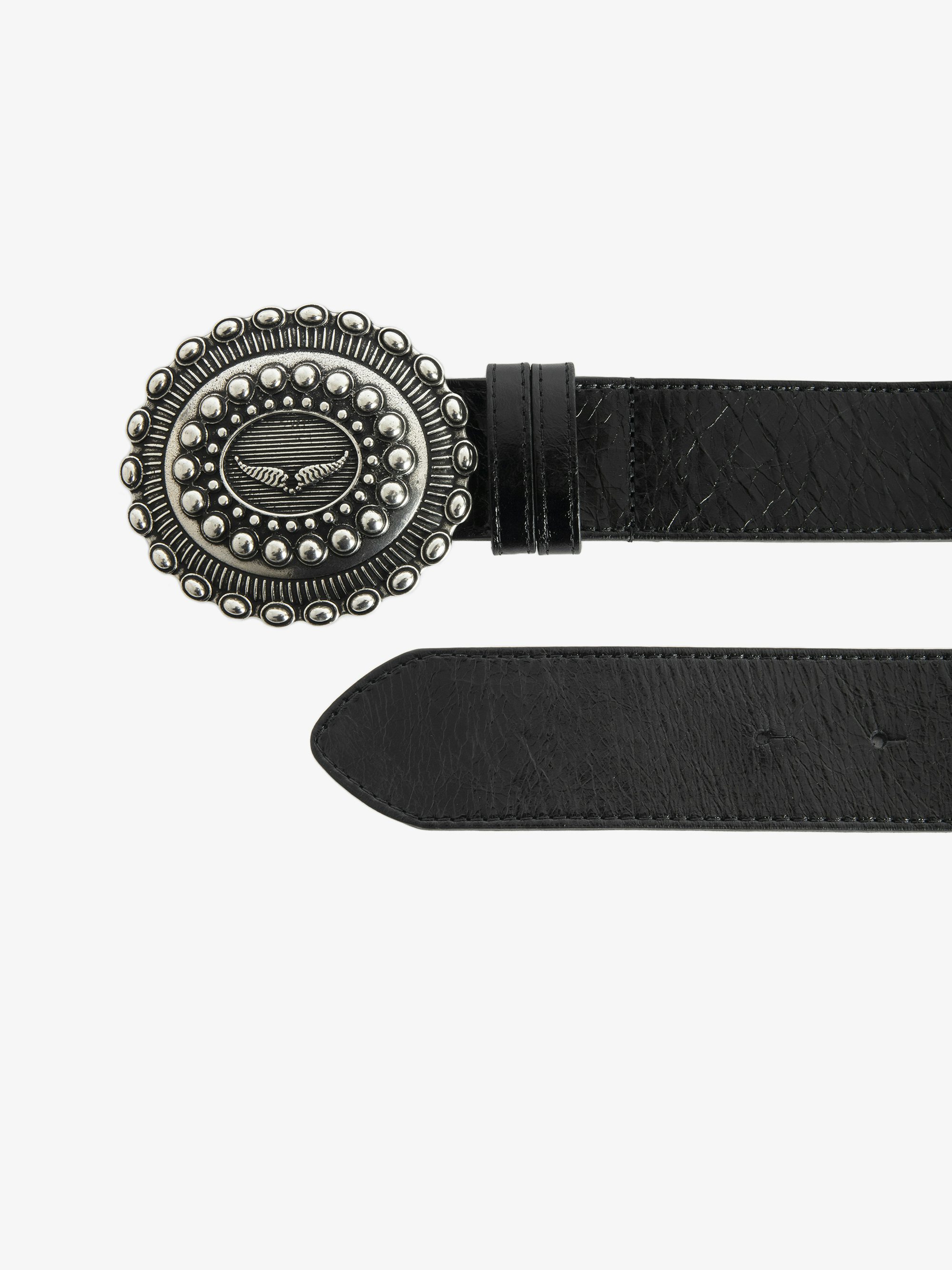 Santa Fe Belt - 40mm wide belt in black vintage-effect leather with wing signature on western-style buckle.